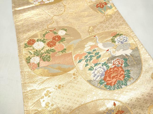 平和屋本店▼六通柄袋帯　唐織　草花鶴文　本金箔　正絹　逸品　CABL5037hy