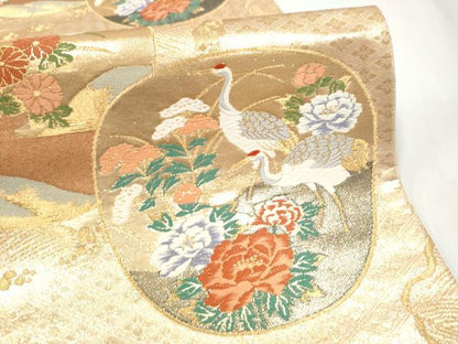平和屋本店▼六通柄袋帯　唐織　草花鶴文　本金箔　正絹　逸品　CABL5037hy