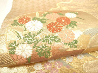 平和屋本店▼六通柄袋帯　唐織　草花鶴文　本金箔　正絹　逸品　CABL5037hy