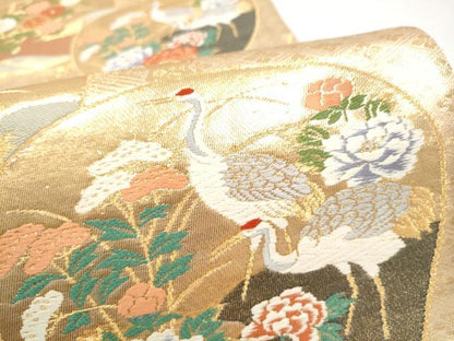 平和屋本店▼六通柄袋帯　唐織　草花鶴文　本金箔　正絹　逸品　CABL5037hy