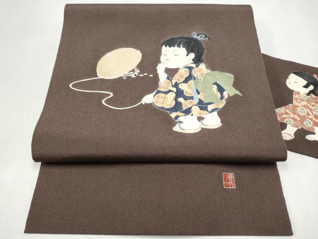 平和屋着物●十日町友禅作家　関口遼一　九寸名古屋帯　童子遊び　鬼しぼ縮緬　三越扱い　正絹　逸品　CABL5044hy
