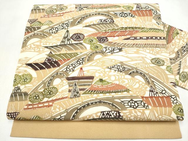 平和屋着物●九寸名古屋帯　型染め　風景文　正絹　逸品　CABL5052hy