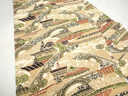 平和屋着物●九寸名古屋帯　型染め　風景文　正絹　逸品　CABL5052hy
