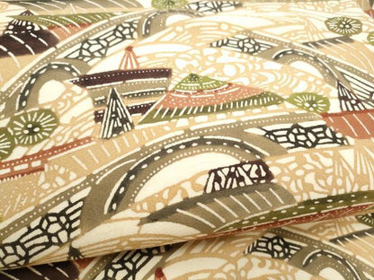 平和屋着物●九寸名古屋帯　型染め　風景文　正絹　逸品　CABL5052hy