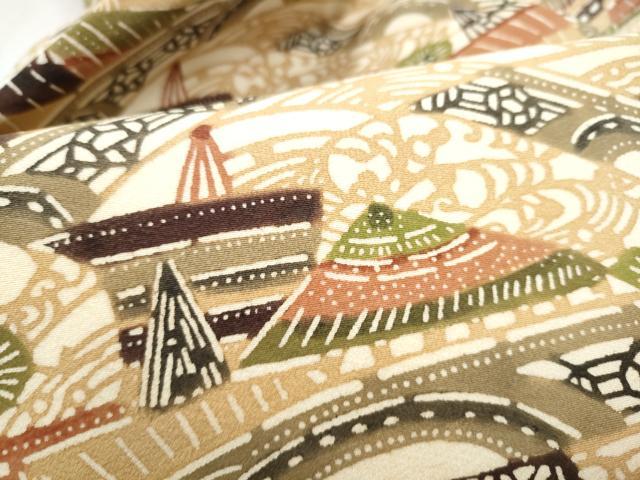 平和屋着物●九寸名古屋帯　型染め　風景文　正絹　逸品　CABL5052hy