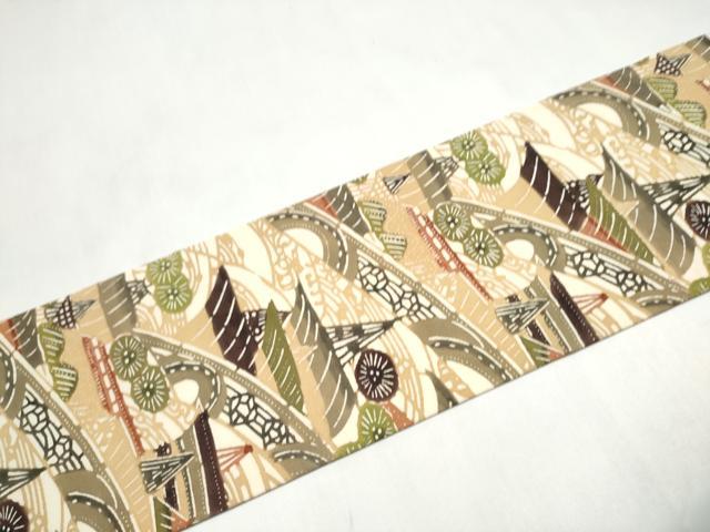 平和屋着物●九寸名古屋帯　型染め　風景文　正絹　逸品　CABL5052hy