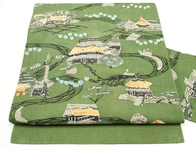 平和屋着物●九寸名古屋帯　型染め　風景文　正絹　逸品　CABL5053hy
