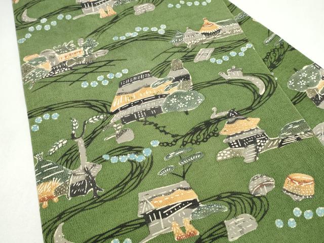 平和屋着物●九寸名古屋帯　型染め　風景文　正絹　逸品　CABL5053hy