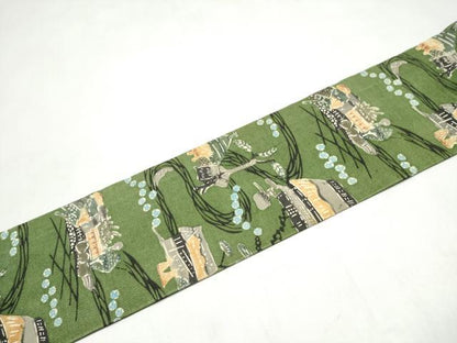 平和屋着物●九寸名古屋帯　型染め　風景文　正絹　逸品　CABL5053hy