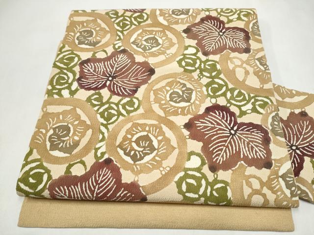 平和屋着物●九寸名古屋帯　型染め　桐唐草文　正絹　逸品　CABL5054hy