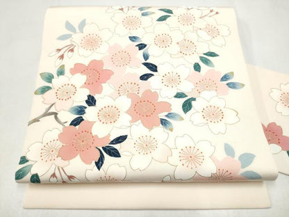 平和屋着物●塩瀬　九寸名古屋帯　舞桜文　金彩　正絹　逸品　CABL5057hy