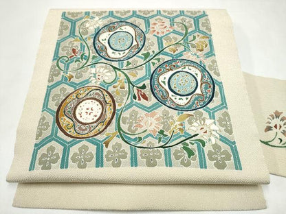 平和屋着物●九寸名古屋帯　花唐草文　鬼しぼ縮緬　正絹　逸品　CABL5063hy