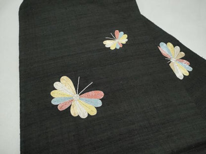 平和屋着物●九寸名古屋帯 生紬 駒刺繍 舞蝶文 黒地 正絹 逸品 CABL5067hy