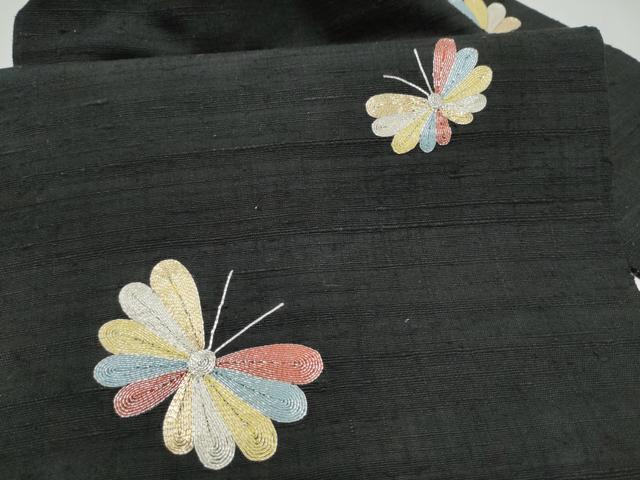 平和屋着物●九寸名古屋帯 生紬 駒刺繍 舞蝶文 黒地 正絹 逸品 CABL5067hy