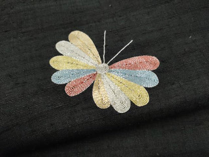平和屋着物●九寸名古屋帯 生紬 駒刺繍 舞蝶文 黒地 正絹 逸品 CABL5067hy