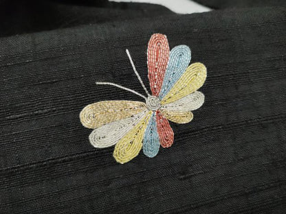 平和屋着物●九寸名古屋帯 生紬 駒刺繍 舞蝶文 黒地 正絹 逸品 CABL5067hy