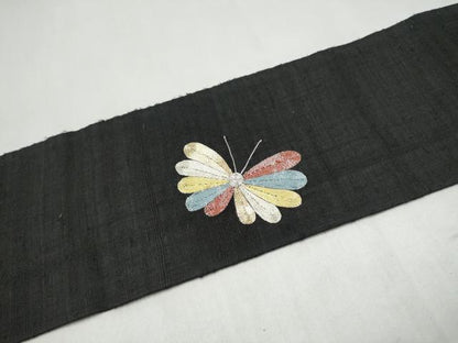 平和屋着物●九寸名古屋帯 生紬 駒刺繍 舞蝶文 黒地 正絹 逸品 CABL5067hy