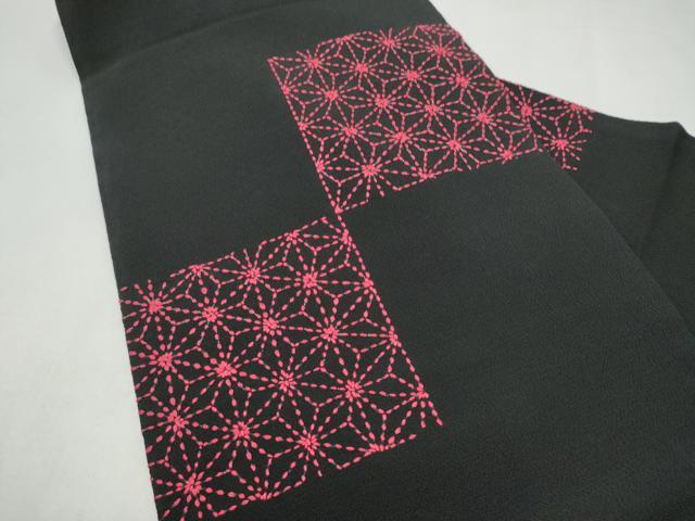 平和屋着物●九寸名古屋帯　刺し子　麻の葉文様　黒地　鬼しぼ縮緬　正絹　逸品　CABL5069hy