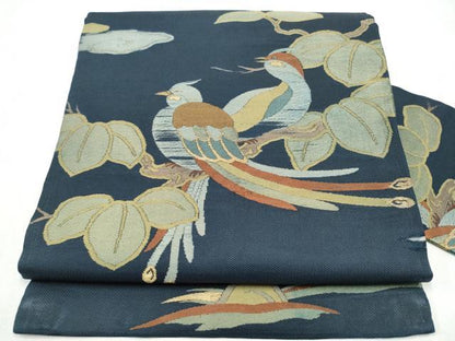 平和屋着物▼九寸名古屋帯　五戎鈴織　休み鳥枝葉文　正絹　逸品　CABL5075hy