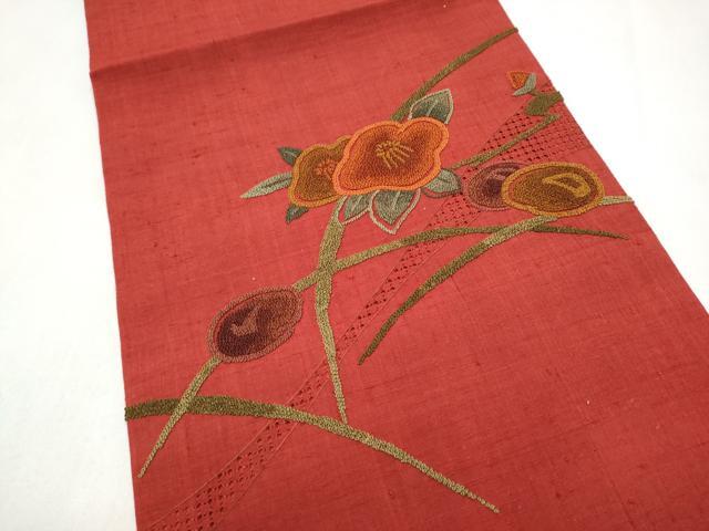 平和屋着物●中国三大刺繍 スワトウ相良刺繍 総刺繍 九寸開き名古屋帯 紬地 椿 正絹 逸品 CABL5078hy