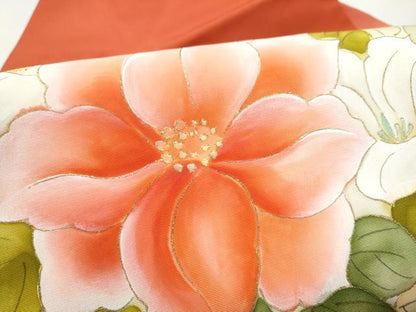 平和屋着物●塩瀬 九寸名古屋帯 手描き 舞花文 金彩 正絹 逸品 CABL5079hy