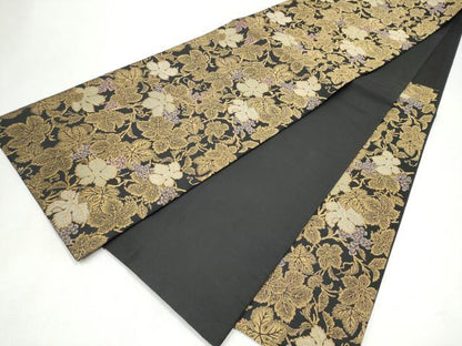 平和屋着物●六通柄袋帯　葡萄蔦の葉文　黒地　金糸　正絹　逸品　CABL5097hy
