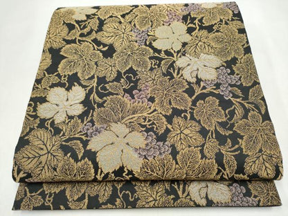 平和屋着物●六通柄袋帯　葡萄蔦の葉文　黒地　金糸　正絹　逸品　CABL5097hy
