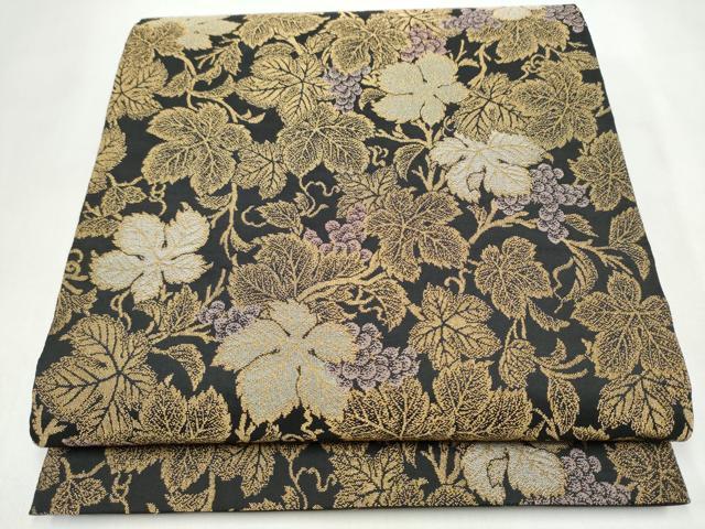 平和屋着物●六通柄袋帯　葡萄蔦の葉文　黒地　金糸　正絹　逸品　CABL5097hy