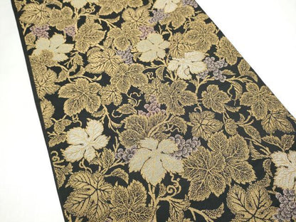 平和屋着物●六通柄袋帯　葡萄蔦の葉文　黒地　金糸　正絹　逸品　CABL5097hy