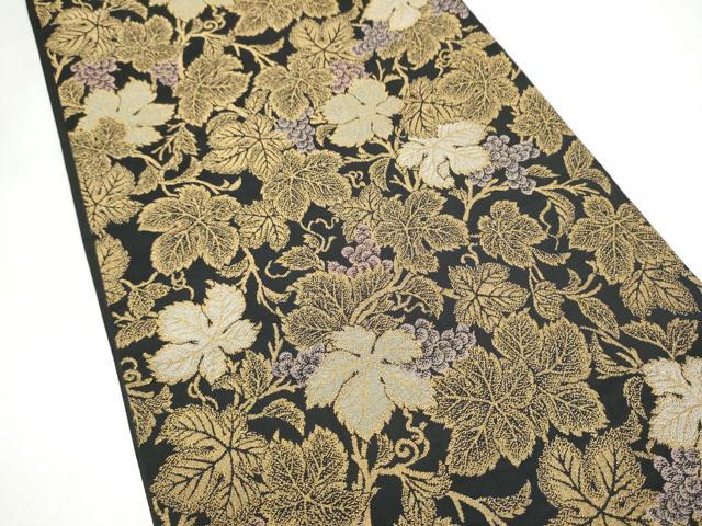 平和屋着物●六通柄袋帯　葡萄蔦の葉文　黒地　金糸　正絹　逸品　CABL5097hy