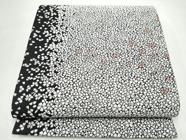 平和屋着物●六通柄袋帯　唐織　舞桜文　黒地　銀糸　正絹　逸品　CABL5098hy