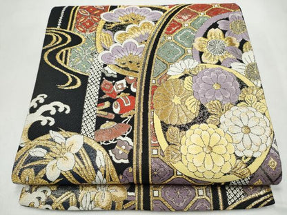 平和屋着物●六通柄袋帯　草花丸文　金糸　正絹　逸品　CABL5106hy