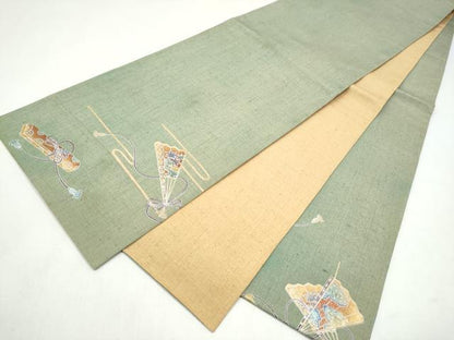 平和屋着物●太鼓柄袋帯　紬地　桧扇横笛松文　金彩　正絹　逸品　CABL5145hy