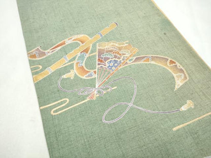 平和屋着物●太鼓柄袋帯　紬地　桧扇横笛松文　金彩　正絹　逸品　CABL5145hy