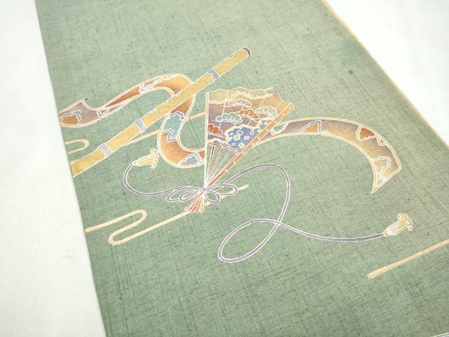 平和屋着物●太鼓柄袋帯　紬地　桧扇横笛松文　金彩　正絹　逸品　CABL5145hy