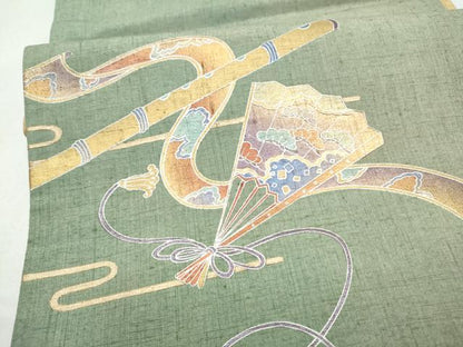平和屋着物●太鼓柄袋帯　紬地　桧扇横笛松文　金彩　正絹　逸品　CABL5145hy