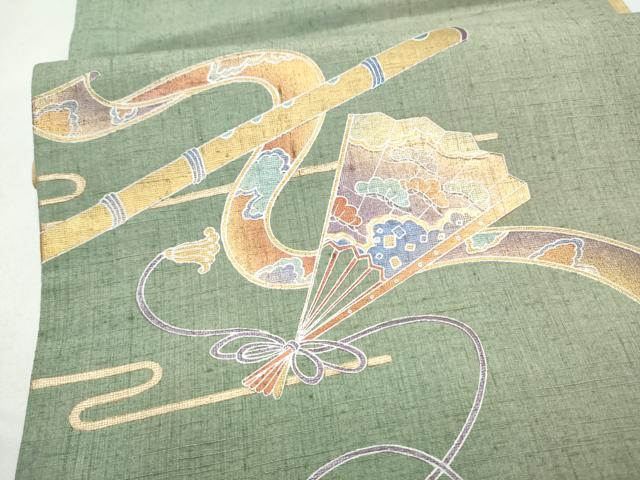 平和屋着物●太鼓柄袋帯　紬地　桧扇横笛松文　金彩　正絹　逸品　CABL5145hy