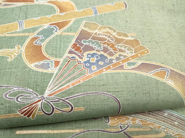 平和屋着物●太鼓柄袋帯　紬地　桧扇横笛松文　金彩　正絹　逸品　CABL5145hy