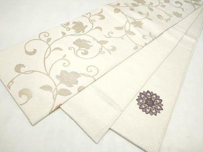 平和屋着物●太鼓柄袋帯　刺繍　花唐草文　金彩　銀通し地　正絹　逸品　未使用　CABL5161hy