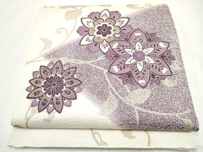 平和屋着物●太鼓柄袋帯　刺繍　花唐草文　金彩　銀通し地　正絹　逸品　未使用　CABL5161hy