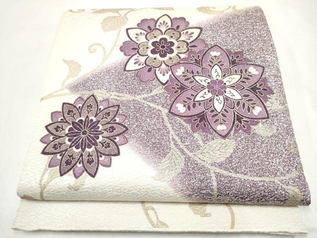 平和屋着物●太鼓柄袋帯　刺繍　花唐草文　金彩　銀通し地　正絹　逸品　未使用　CABL5161hy