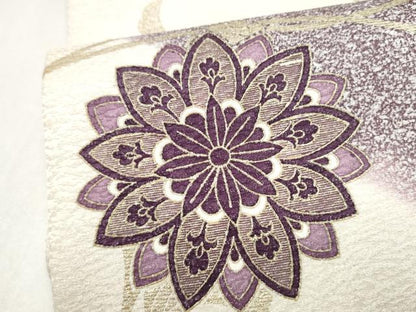 平和屋着物●太鼓柄袋帯　刺繍　花唐草文　金彩　銀通し地　正絹　逸品　未使用　CABL5161hy