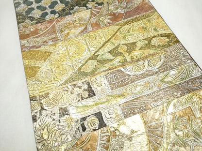 平和屋着物●全通柄袋帯 金唐革織 切嵌 向かい鳥花文 金銀彩 正絹 逸品 CABL5166hy
