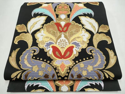 平和屋着物●六通柄袋帯 唐織 瑞鳳唐花文 黒地 金糸 正絹 逸品 CABL5170hy