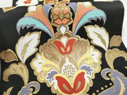 平和屋着物●六通柄袋帯 唐織 瑞鳳唐花文 黒地 金糸 正絹 逸品 CABL5170hy