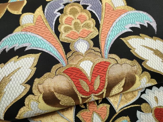 平和屋着物●六通柄袋帯 唐織 瑞鳳唐花文 黒地 金糸 正絹 逸品 CABL5170hy