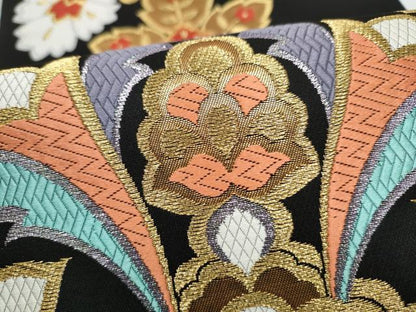 平和屋着物●六通柄袋帯 唐織 瑞鳳唐花文 黒地 金糸 正絹 逸品 CABL5170hy