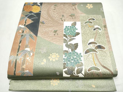 平和屋着物●太鼓柄袋帯 短冊草花文 金糸 正絹 逸品 CABL5172hy