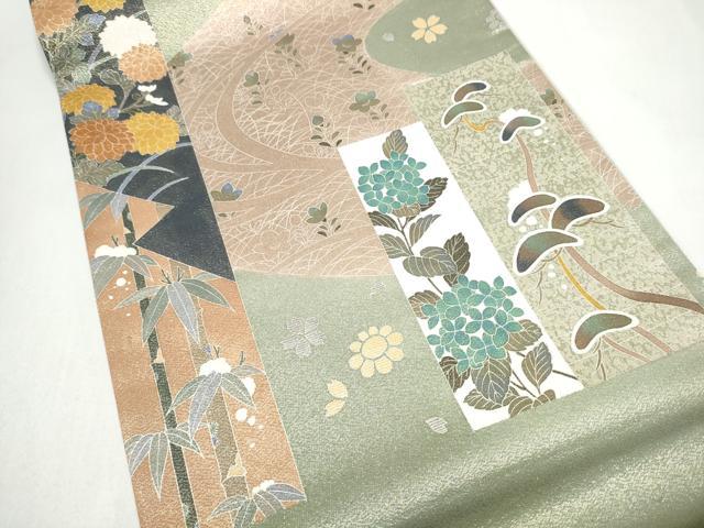 平和屋着物●太鼓柄袋帯 短冊草花文 金糸 正絹 逸品 CABL5172hy