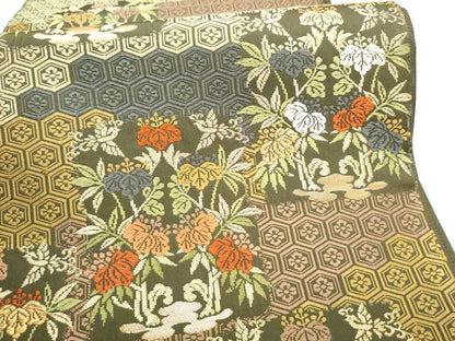 平和屋着物●六通柄袋帯 唐織 草花文 金糸 正絹 逸品 CABL5174hy